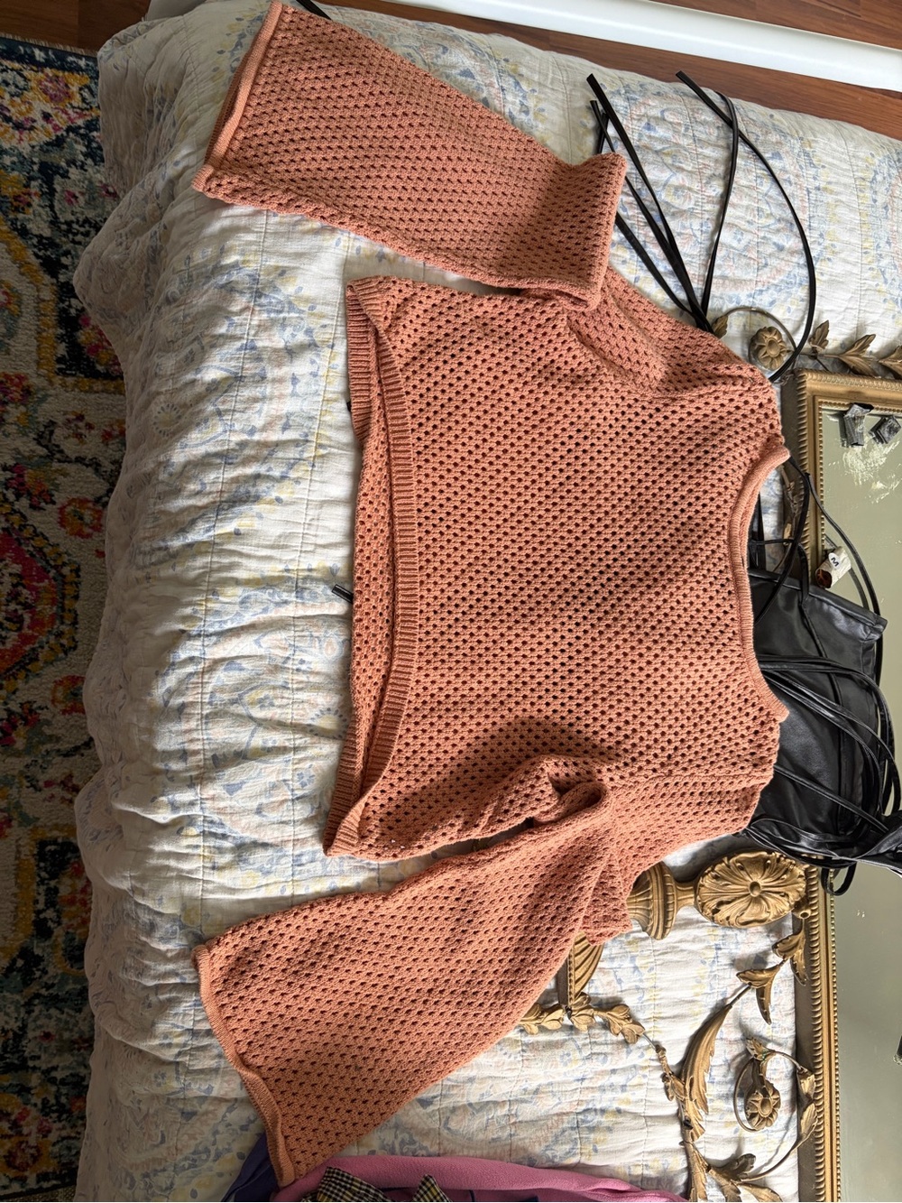 Forever 21 Coral Crochet Knit Bell-Sleeve Sweater